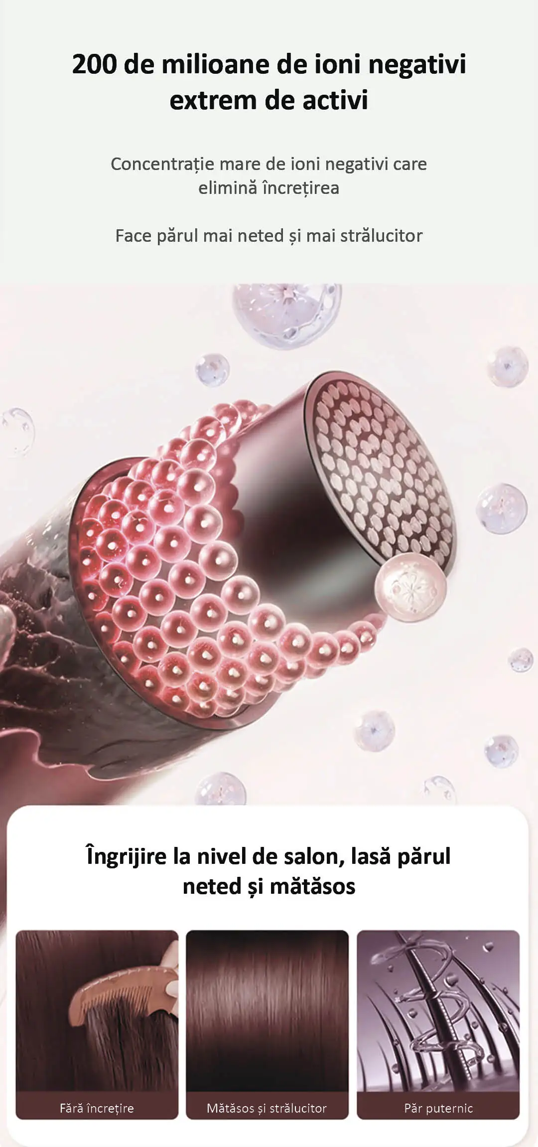 Uscătorul de păr Daiwall G5 1400W generează 200 de milioane de ioni negativi extrem de activi. Concentrația mare de ioni negativi elimină electrizarea, lăsând părul mai neted și mai strălucitor.